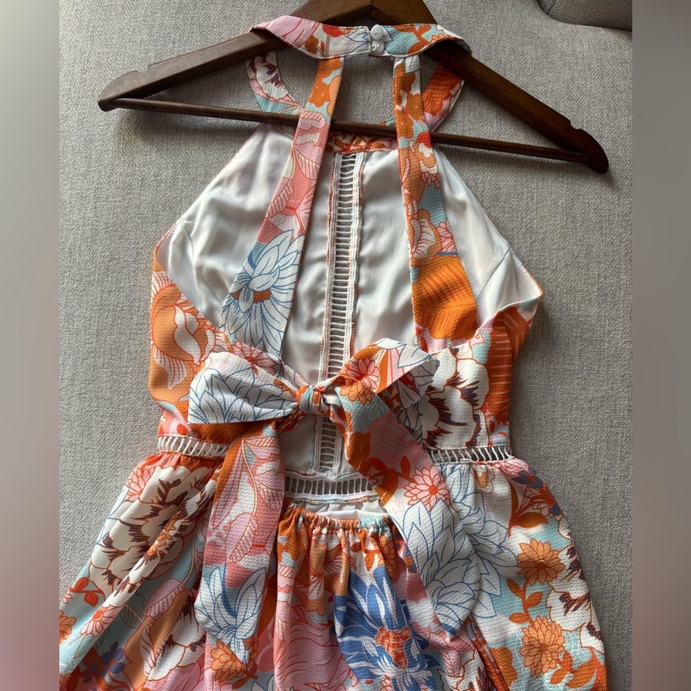 Zesica Halter Neck Maxi Summer Dress Floral Backless Orange/Blue Cruise Size S - Picture 3 of 8